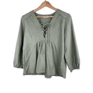Lucky Brand Women's S Green Pintuck Pleated Lace Up Peasant Top